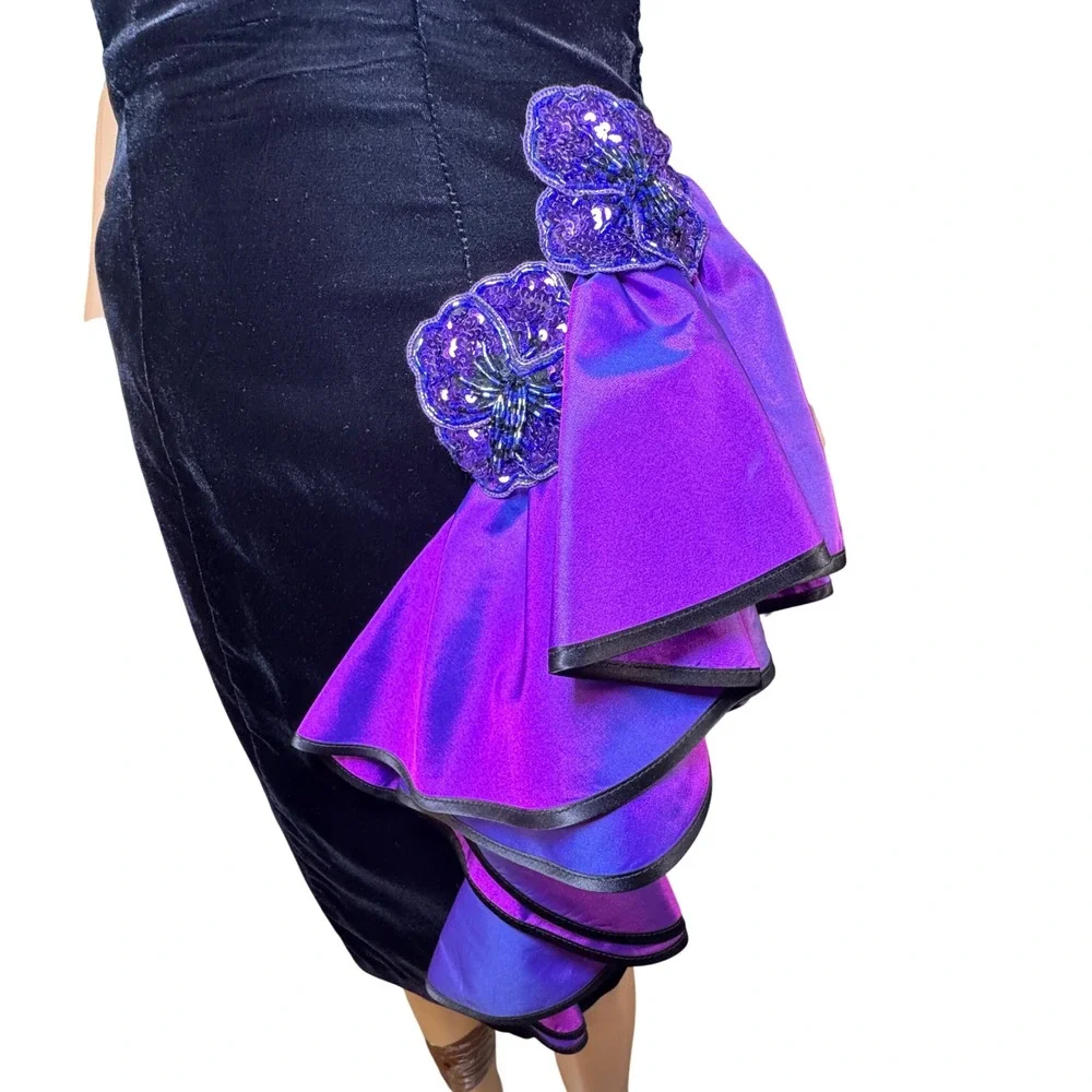 Vintage New Leaf 80s Black Velvet Purple Ruffle Beaded Floral Cocktail Dress 4 - Picture 3 of 10
